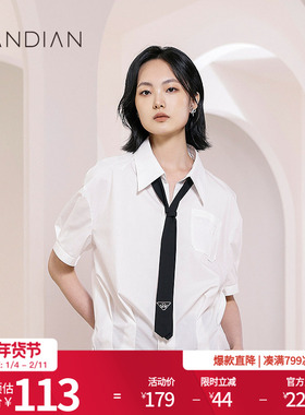 婉甸月白色套头上衣夏季新品通勤风领带装饰下摆收口1232S07SJ1