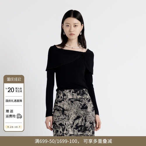 婉甸秋季设计感斜肩上衣珍珠边毛织套头衫1243W11RJ3