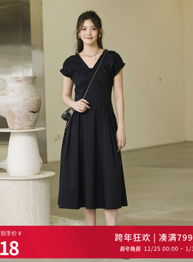 婉甸2025夏季新品黑色短袖连衣裙1242N07RS2