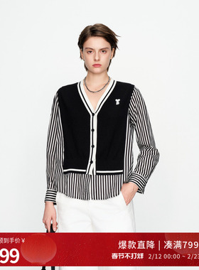 婉甸2025黑色拼接长袖毛织开衫通勤风针织衫1241W35SX4