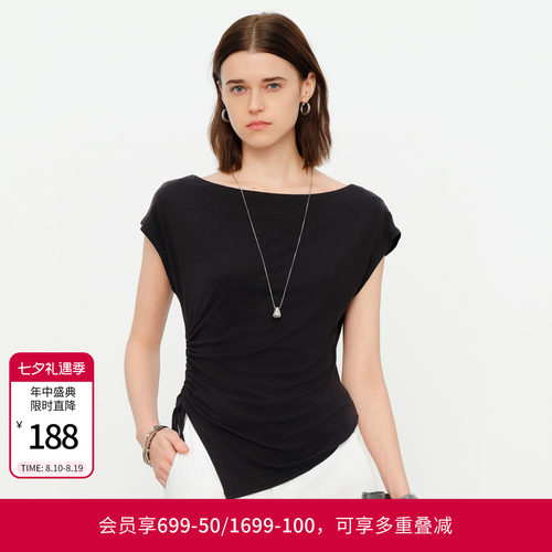 婉甸2026夏季新品黑色/羽白落肩袖一字领莱赛尔T恤短袖1252T06JD3