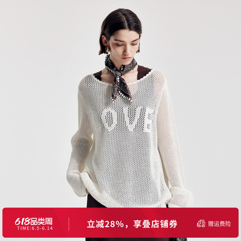 婉甸2026春季新品米白镂空毛织套头衫直筒长袖网眼衫1251W09DJ3