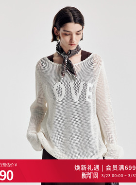 婉甸2026春季新品米白镂空毛织套头衫直筒长袖网眼衫1251W09DJ3