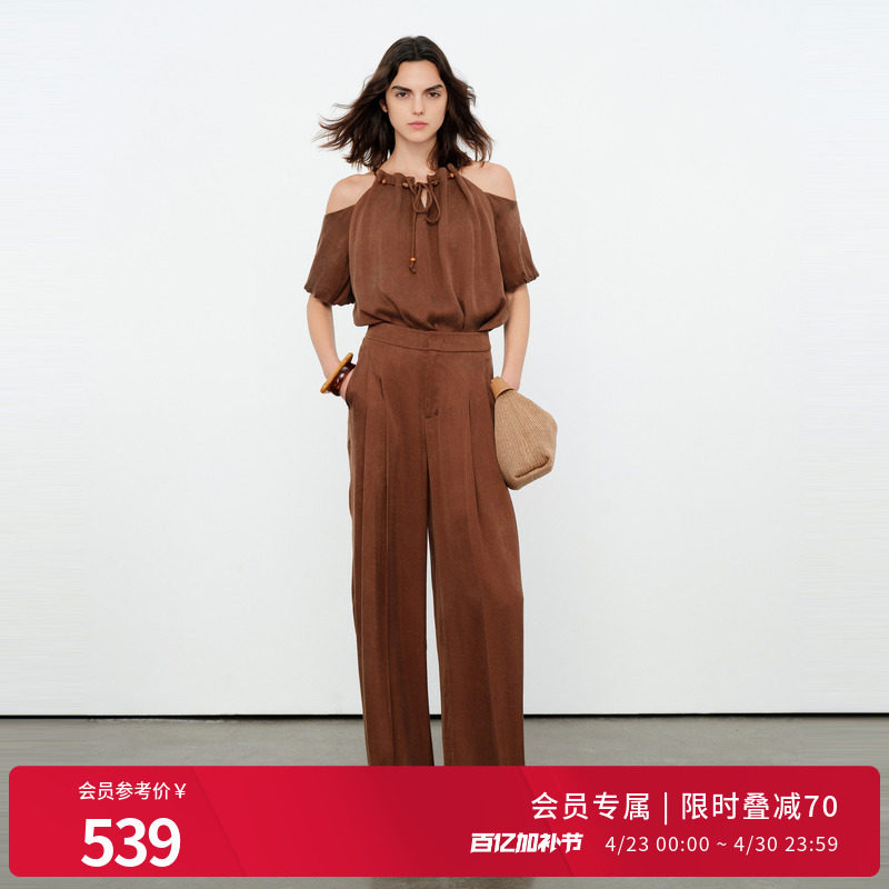 婉甸2026夏季新品雅丹咖两件套泡泡袖城市通勤露肩套装1252L07JD2