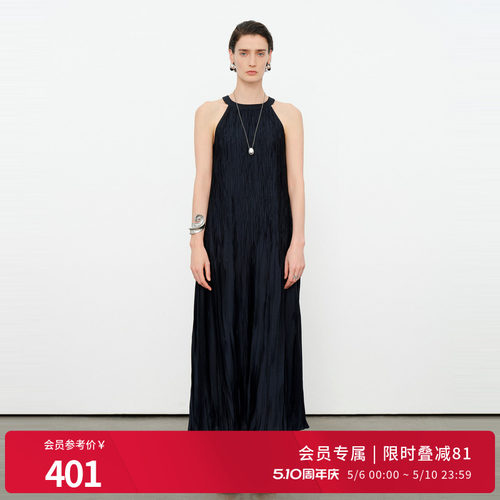 藏青无袖压褶连衣裙