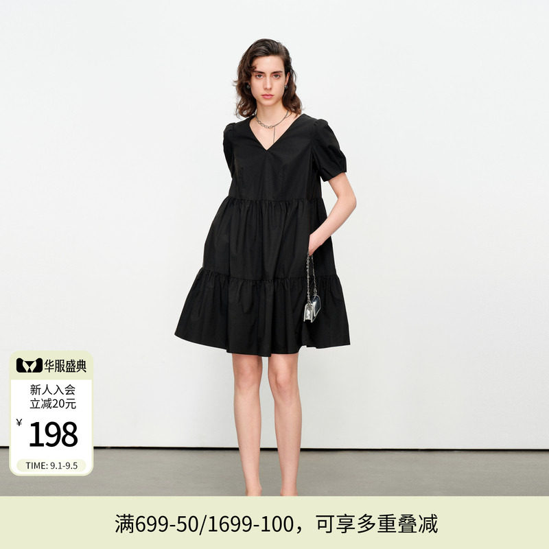 婉甸夏季黑色/克莱茵蓝短袖连衣裙1242N61SX2图片
