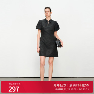 连衣裙1242N51SJ3YX 黑色压花旗袍式 婉甸2025夏季 新品