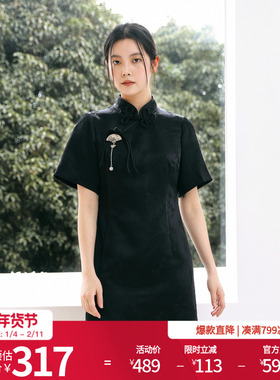 婉甸2025年秋季新品黑色盘扣黑丝绒旗袍领气质连衣裙1243N02RS1YX