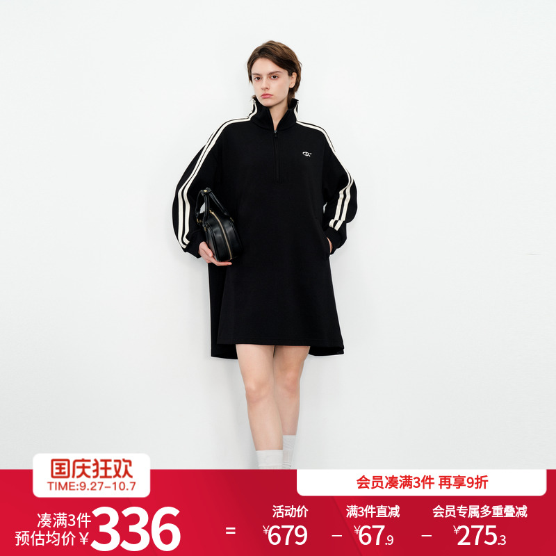 婉甸黑色长袖连衣裙运动风休闲款