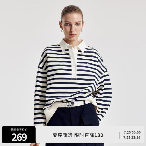 婉甸2026春季新品藏青米白条纹卫衣H型长袖纯棉卫衣1251Y03SX2