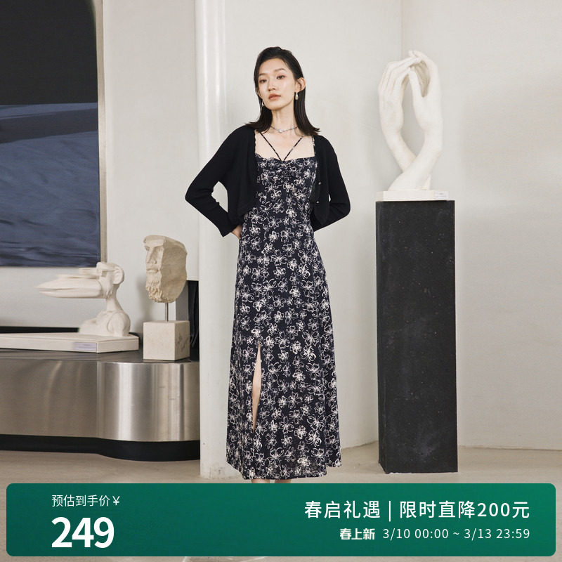 婉甸2025夏季新品黑白蝴蝶花吊带连衣裙1242N08RS2