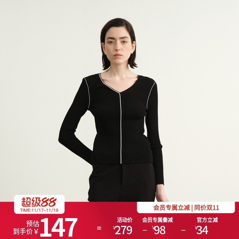 婉甸2025年秋季新品耀石黑V领毛织简约打底衫套头衫1243W21GL2