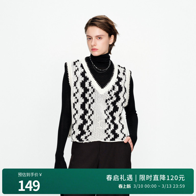 婉甸2025黑白色无袖毛织套头衫百搭风针织马甲1241W12DY2