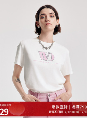 婉甸2026春季新品霜白色斑驳印字母短袖休闲简约T恤1251T03SX4