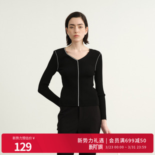 套头衫 耀石黑V领毛织简约打底衫 1243W21GL2 新品 婉甸2025年秋季