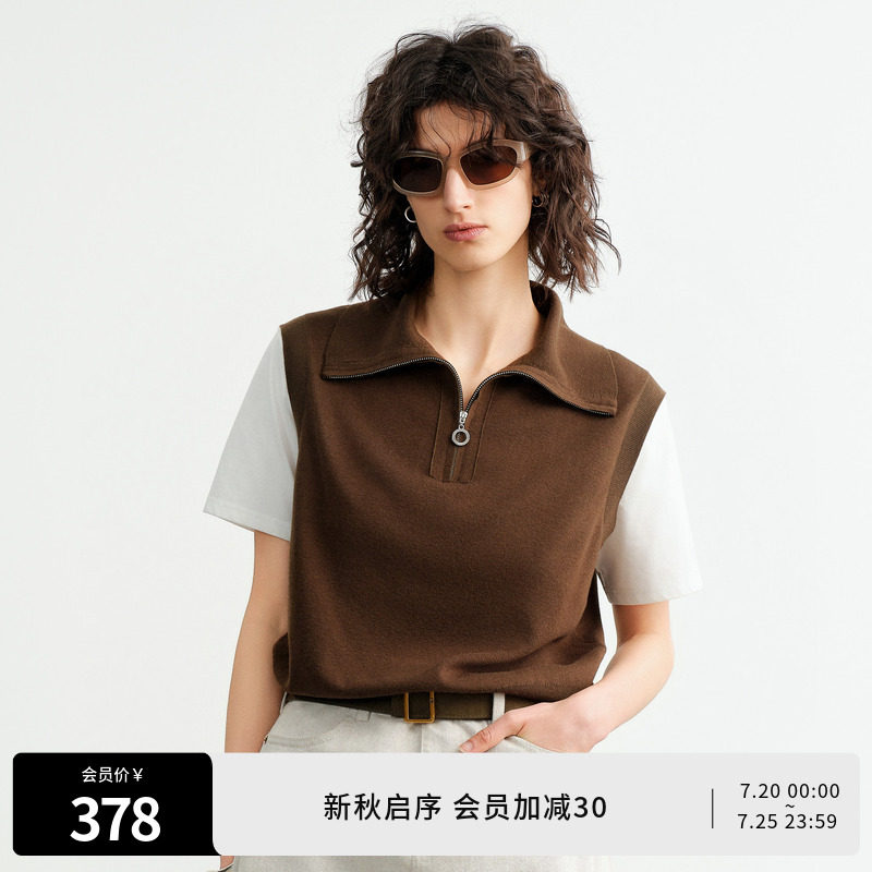 婉甸26秋新品橄榄绿/陨石灰假两件绵羊毛针织套头衫1253W03DS1