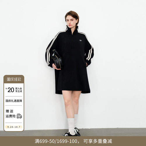 婉甸黑色长袖连衣裙运动风休闲款