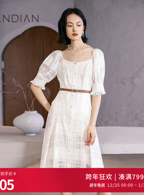 婉甸月白色短袖连衣裙夏季新品方领蕾丝格纹甜美风1232N69RS5