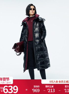 婉甸2025年冬季新品黑色长款连帽女保暖高充绒羽绒服1244D41SX5