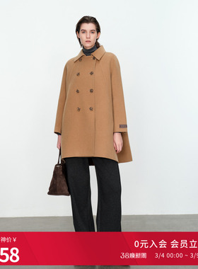 婉甸梅花驼色双面呢H型中长款外套毛呢双排扣大衣女1234E02RX1YX