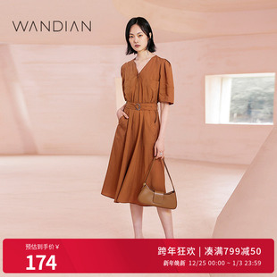 裙摆口袋装 婉甸全麦棕短袖 A版 新V领灯笼袖 饰1232N23RS2 连衣裙夏季