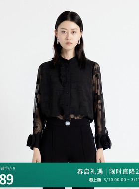 婉甸2025年秋季新品耀石黑立领长袖格纹微透刺绣衬衫1243S03DZ1