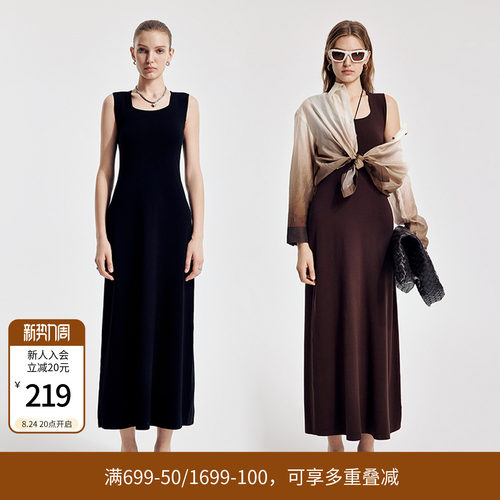 婉甸2026春季新品黑色/橡木棕X型无袖毛织修身连衣裙1251N02YJ1