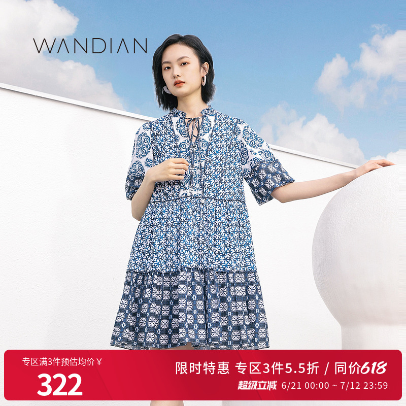 复古靛蓝拼接连衣裙夏季新品