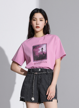 婉甸2025夏季新品冻糕粉短袖T恤圆领印花短袖1242T19SX4YX