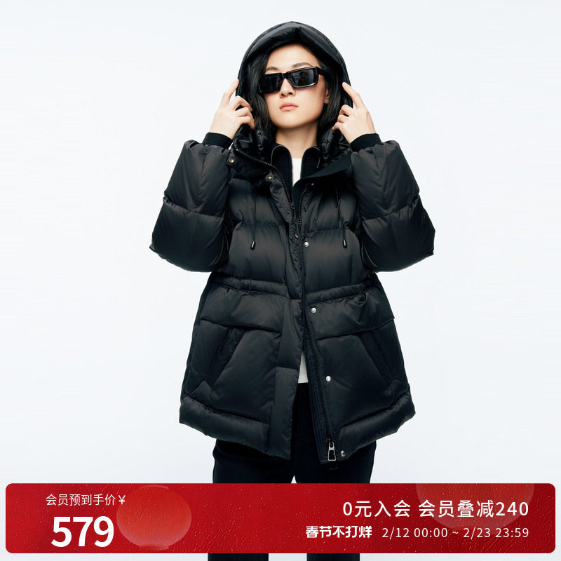 婉甸2025年冬季新品黑色中长款女保暖带帽立领羽绒服1244D36SX5