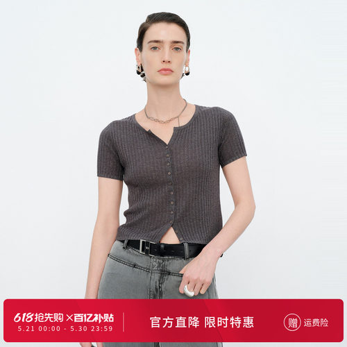 麻花灰短袖毛织开衫