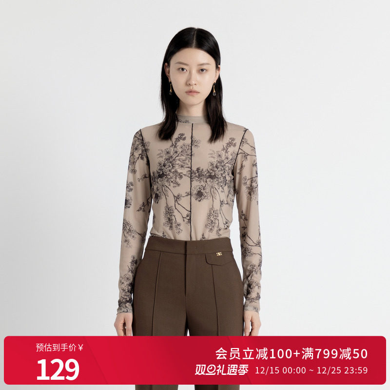 婉甸2025年秋季新品摩卡色秘境花园网纱套头衫1243I02MD3