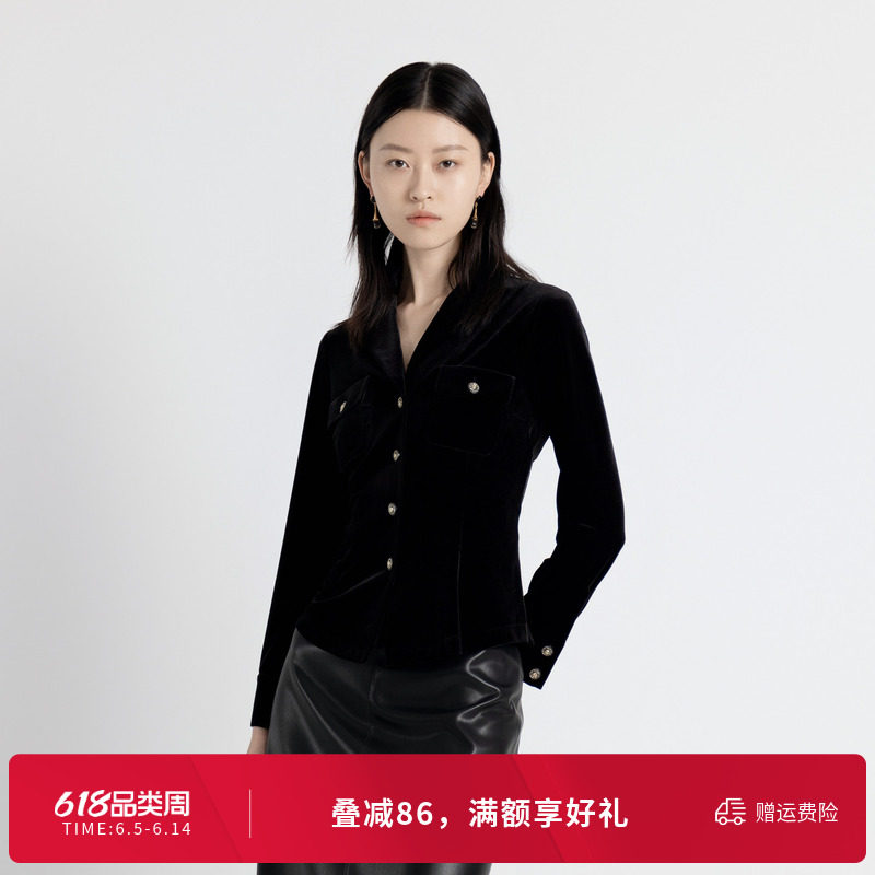 婉甸秋季耀石黑丝绒衬衫金丝绒修身女外套1243S09RJ3