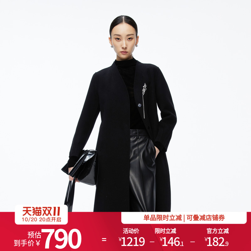 婉甸2025年冬季新品黑色双面呢轻奢毛呢外套大衣女1244C03DM2