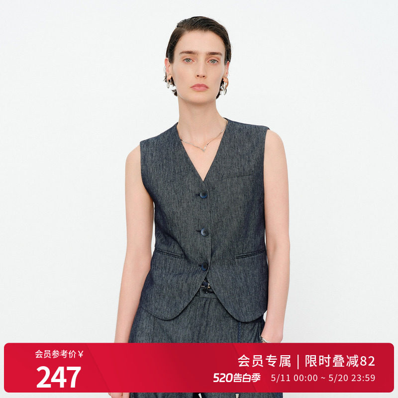 婉甸2026夏季新品牛仔蓝亚麻女短马夹城市通勤轻奢风1252V01DX1