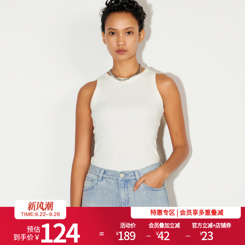 婉甸25新品胡桃色无奶油白袖上衣修身削肩工字背心MBD1G01CFXA0