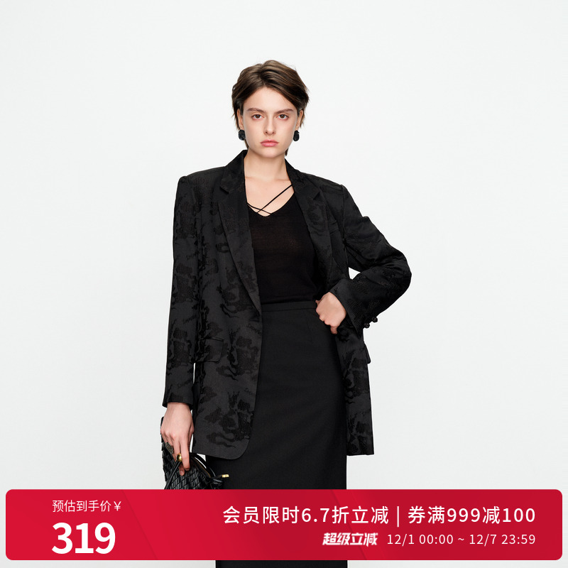 婉甸黑色提花西装外套中式