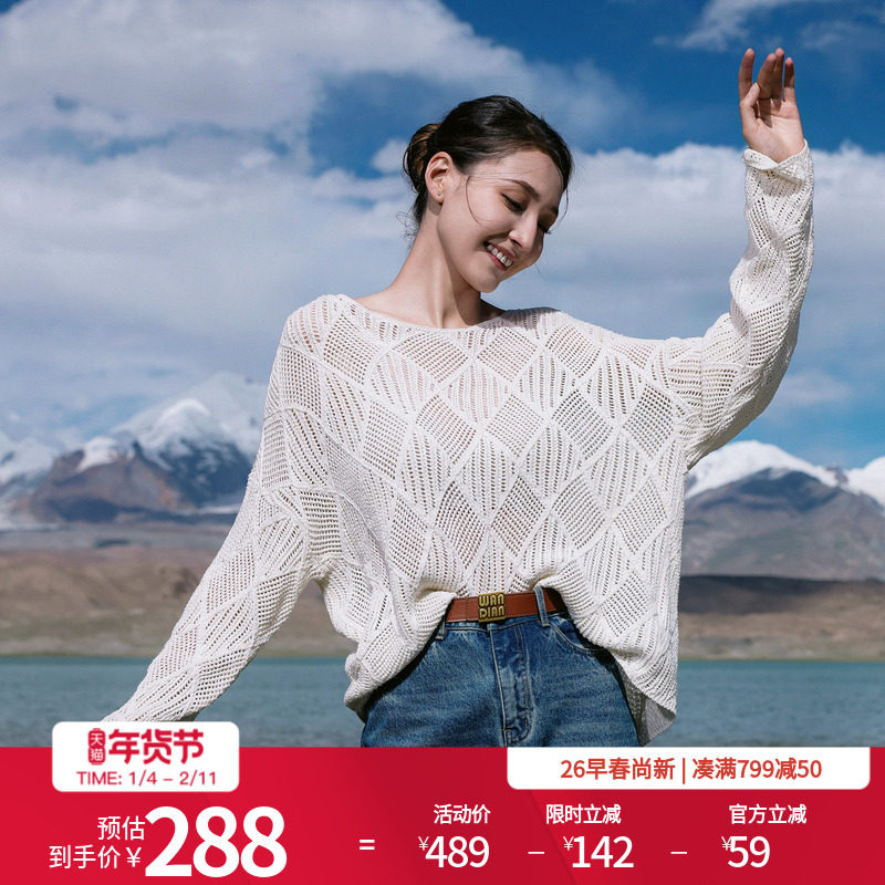 婉甸2026春新品白色镂空毛织套头衫H型长袖网眼上衣1251W30RX3YX