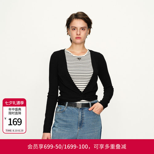 婉甸黑色假两件毛织套头衫