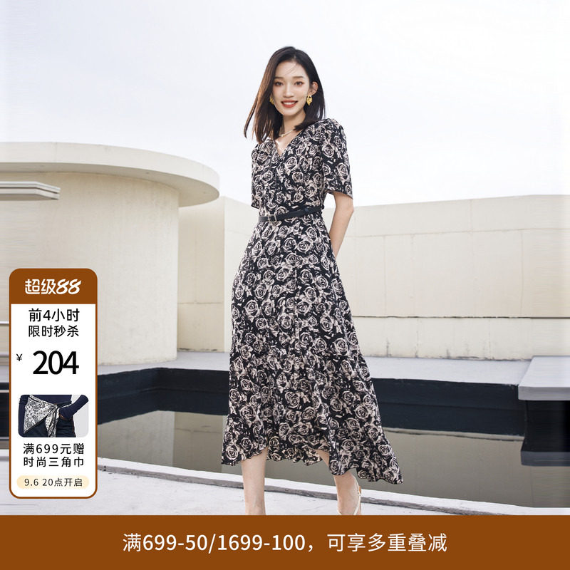 婉甸夏季黑白玫瑰花短袖连衣裙1242N79XD5图片