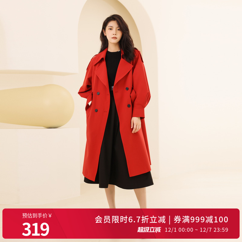 婉甸石榴红长款风衣复古气质外套