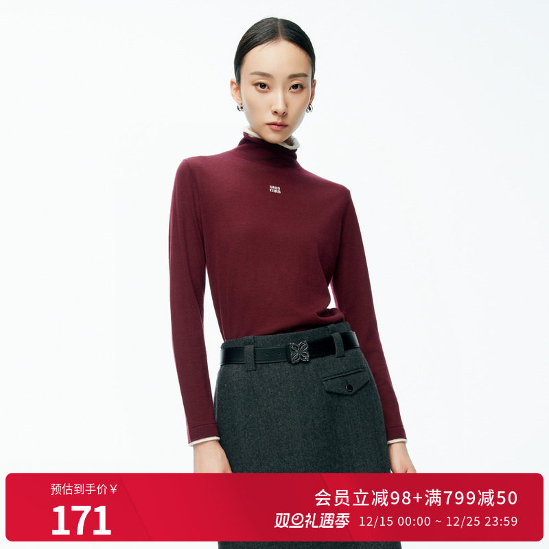 安可拉红假两件高领打底衫