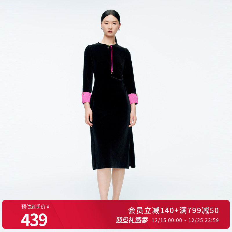 婉甸2025年冬季新品黑色拼接丝绒优雅连衣裙1244N01DM1