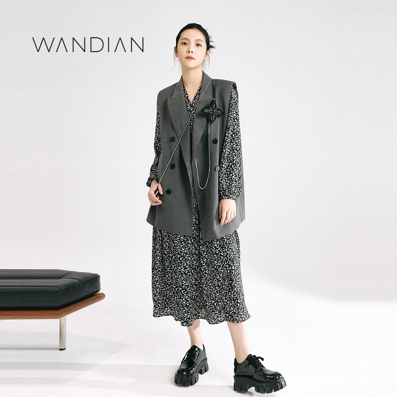 【超能小太阳】婉甸秋季都市摩登黑白碎花长袖连衣裙连身