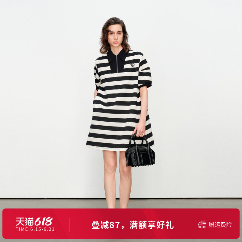 婉甸夏季米黑粗条纹针织连衣裙1242N05SX1YX