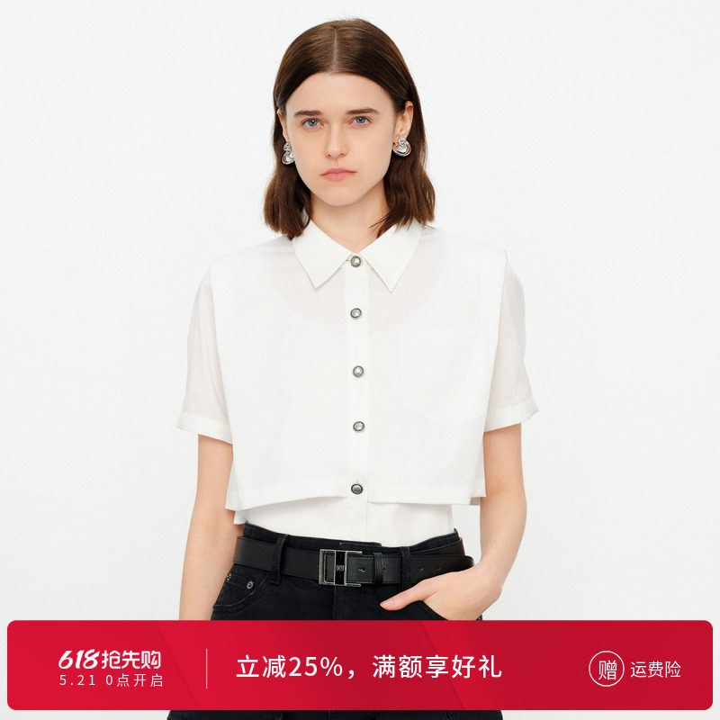 婉甸2026夏季新品玉白色假两件纽扣POLO领短外套单外套1252O03GS4
