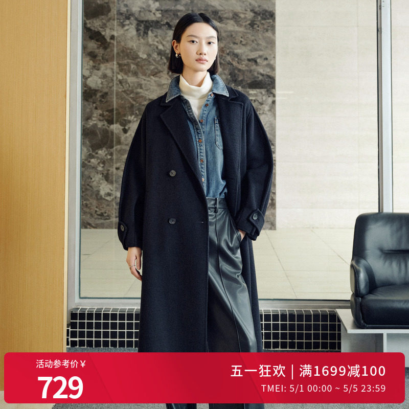 婉甸冬季黑色双面呢中长款保暖大衣毛呢外套1244C06DM2