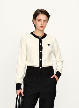 婉甸2025经典白撞边毛织开衫优雅风针织衫1241W15SJ2