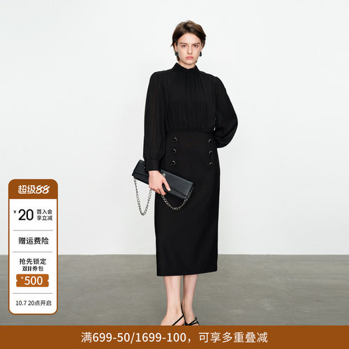 婉甸黑色长袖连衣裙假两件