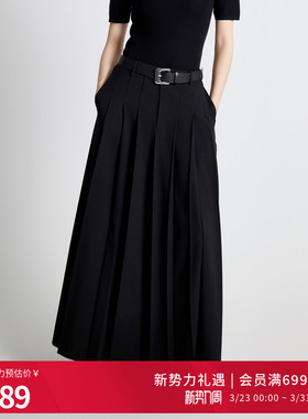 婉甸2025年秋新品耀石黑直筒百褶长裙高腰显瘦半身裙1243K02GL2